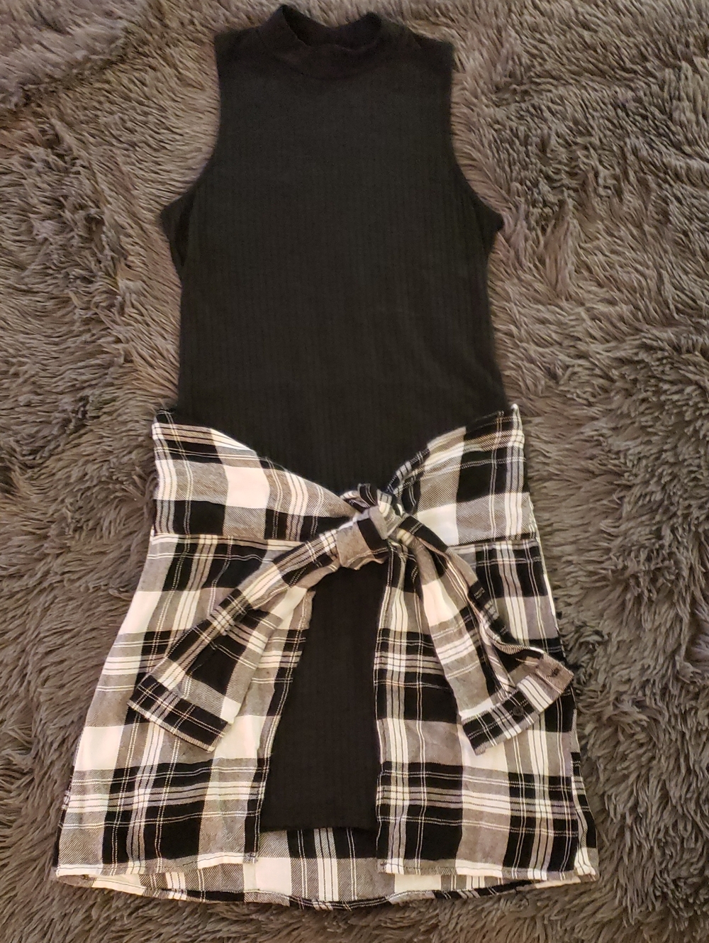 Sleeveless Black Ribbed Dress with Black & White Plaid Tie